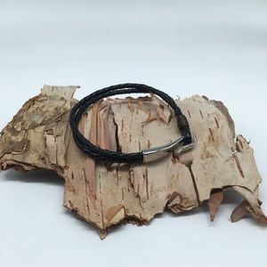 Men’s or Unisex Double Black Leather Woven Bracelet & Stainless Steel Hook Clasp